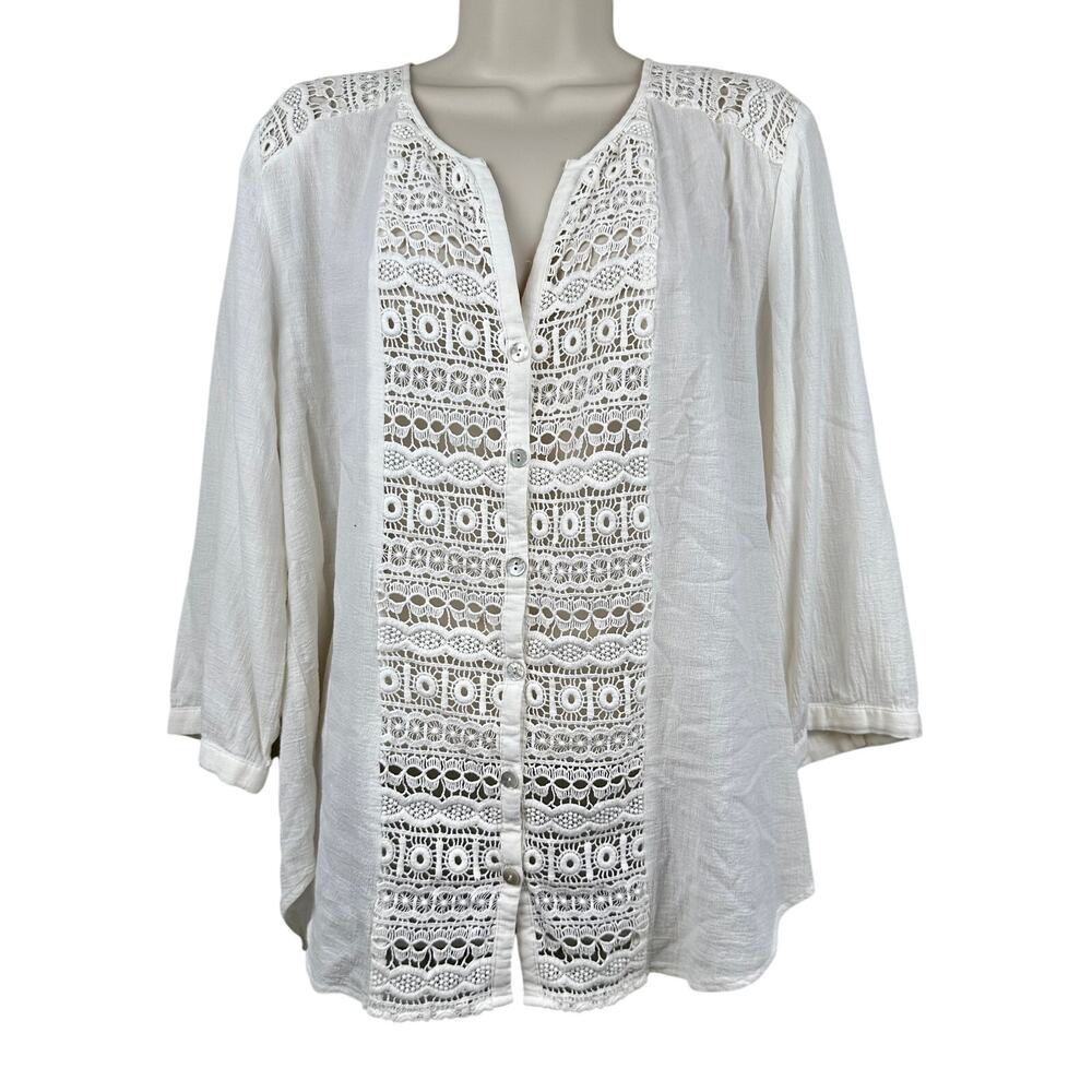 Chico's Blouse Top Lace Inserts Gauzy Cotton Cream Chico 3 US XL Peasant Boho